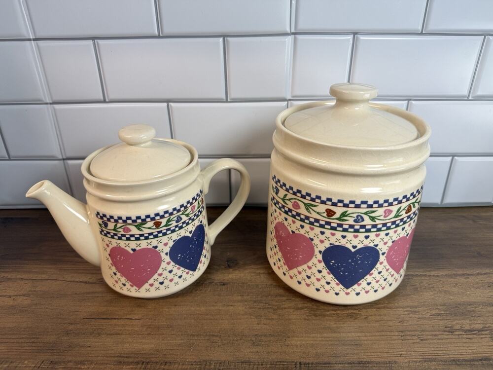Vintage 1986 Hearts Delight Tea Pot & Canister Set